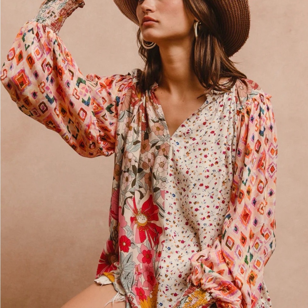 BiBi Pink Multi Patchwork Floral Peasant Blouse